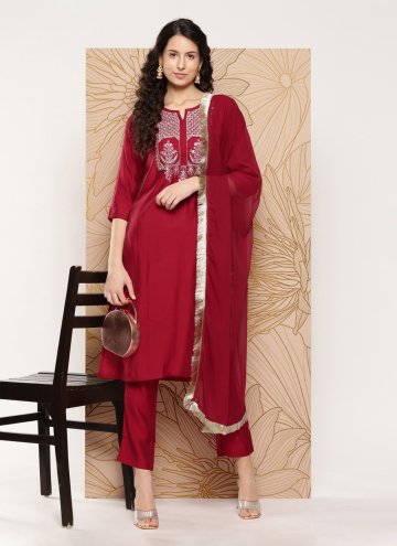 Maroon color Embroidered Silk Blend Pant Style Sui