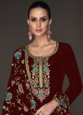 Maroon color Embroidered Velvet Pakistani Suit - 1