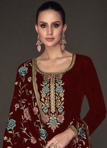 Maroon color Embroidered Velvet Pakistani Suit