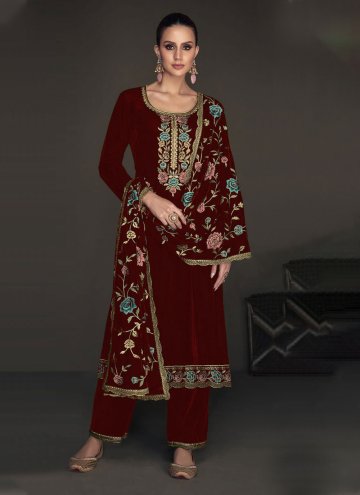 Maroon color Embroidered Velvet Pakistani Suit
