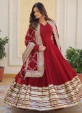 Maroon color Faux Georgette Designer Gown with Embroidered - 1