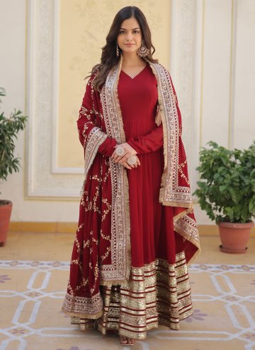 Maroon color Faux Georgette Designer Gown with Embroidered