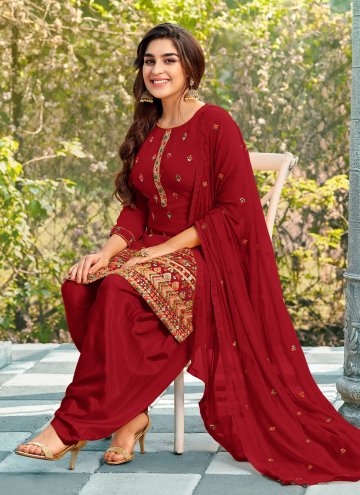 Maroon color Georgette Salwar Suit with Embroidered