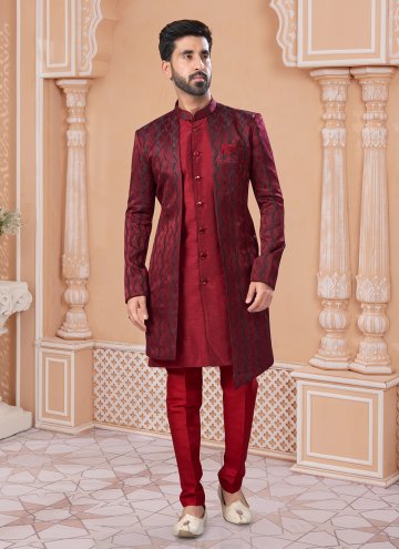 Maroon color Jacquard Indo Western Sherwani with Embroidered