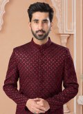 Maroon color Jacquard Indo Western Sherwani with Fancy work - 1