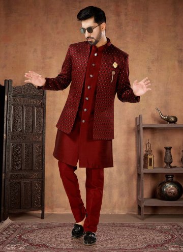 Maroon color Jacquard Indo Western with Jacquard W
