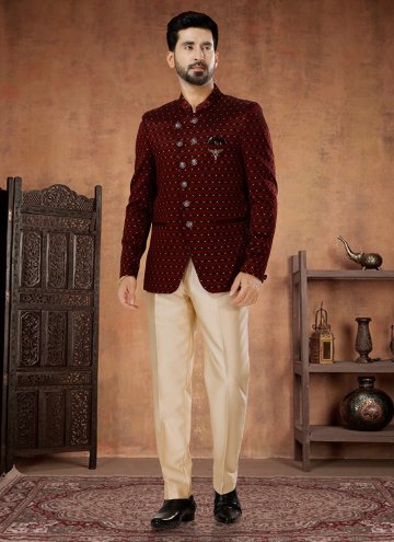 Maroon color Jacquard Jodhpuri Suit with Fancy wor