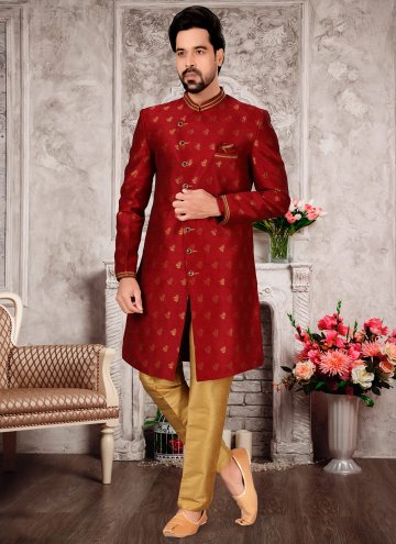 Maroon color Jacquard Work Fancy Fabric Indo Western Sherwani