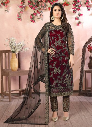 Maroon color Net Pant Style Suit with Embroidered