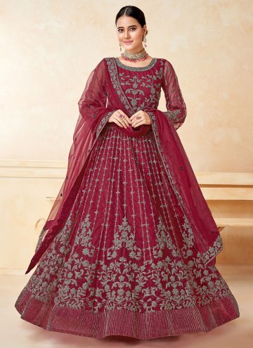 Maroon color Net Salwar Suit with Embroidered