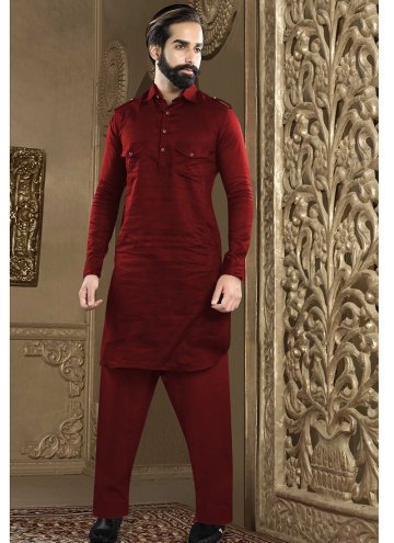 Maroon color Plain Work Art Dupion Silk Kurta Pyjama