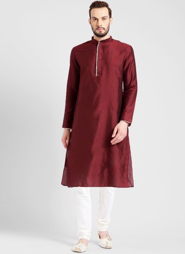 Maroon color Plain Work Blended Cotton Kurta Pyjam
