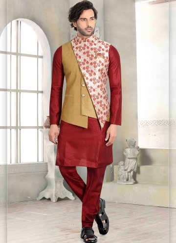 Maroon color Printed Art Silk Kurta Payjama With Jacket