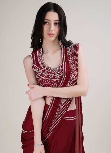Maroon color Satin Silk Contemporary Saree with Beads