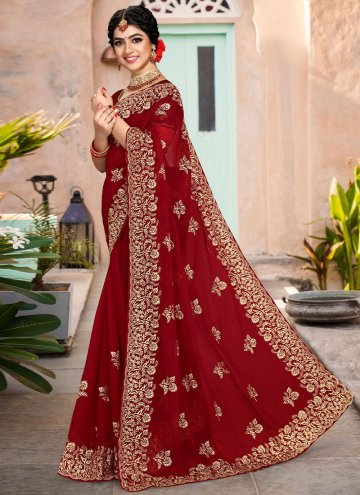 Maroon color Shimmer Contemporary Saree with Embro