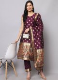 Maroon color Silk Designer Salwar Kameez with Jacquard Work - 1