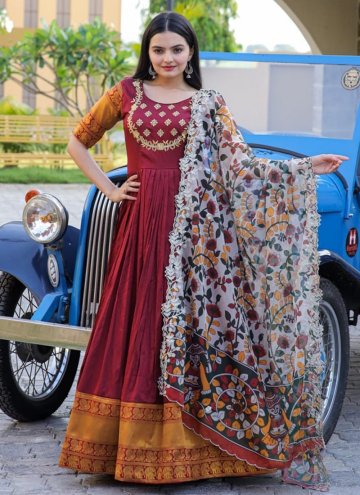 Maroon color Silk Floor Length Gown with Embroider