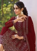 Maroon color Silk Straight Salwar Kameez with Embroidered - 1