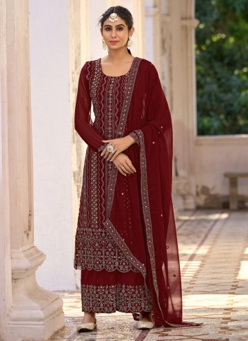 Maroon color Silk Straight Salwar Kameez with Embroidered