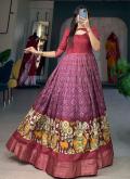 Maroon color Tussar Silk Gown with Printed - 2