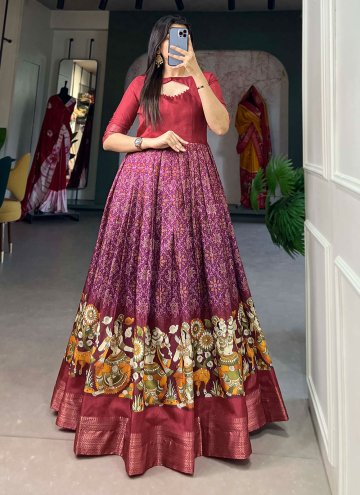 Maroon color Tussar Silk Gown with Printed