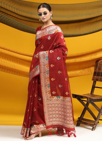 Maroon color Tussar Silk Trendy Saree with Meena