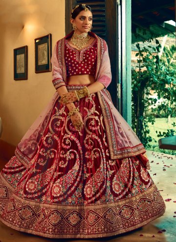 Maroon color Velvet A Line Lehenga Choli with Embroidered