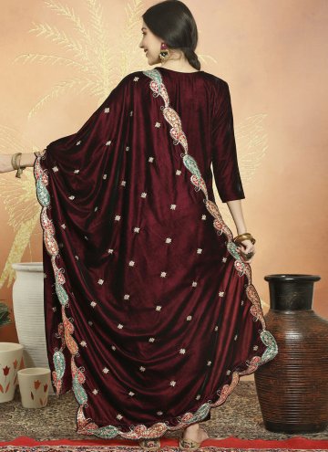 Maroon color Velvet Pant Style Suit with Embroidered
