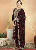 Maroon color Velvet Pant Style Suit with Embroidered - 2