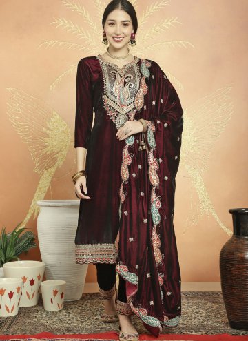 Maroon color Velvet Pant Style Suit with Embroider