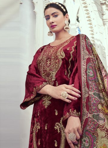 Maroon color Velvet Pant Style Suit with Embroidered