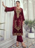 Maroon color Velvet Pant Style Suit with Embroidered - 2