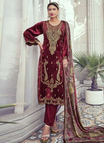 Maroon color Velvet Pant Style Suit with Embroider
