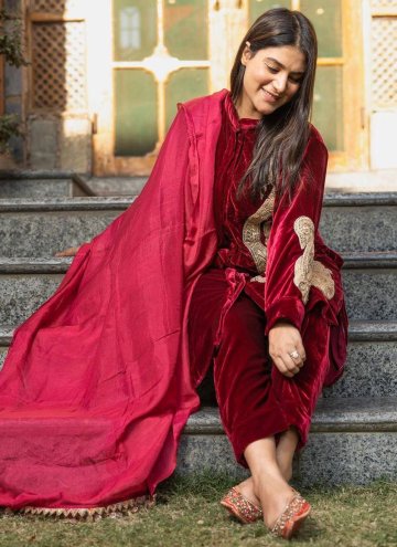 Maroon color Velvet Salwar Suit with Embroidered