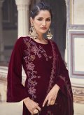 Maroon color Velvet Trendy Salwar Kameez with Embroidered - 1