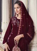 Maroon color Velvet Trendy Salwar Kameez with Embroidered - 2