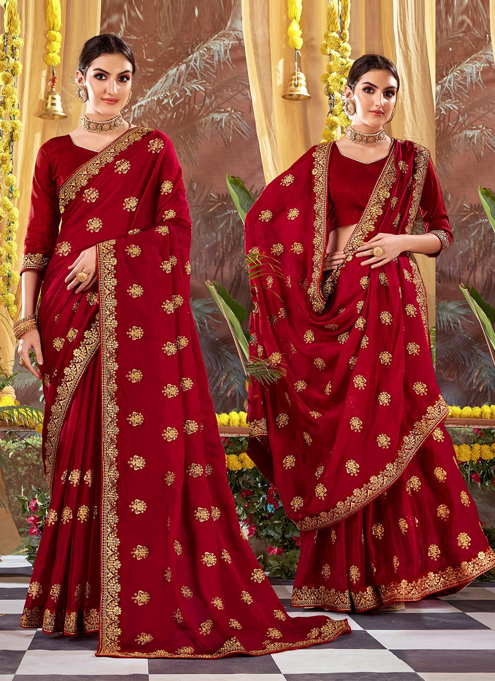 Maroon color Vichitra Silk Classic Designer Saree with Embroidered