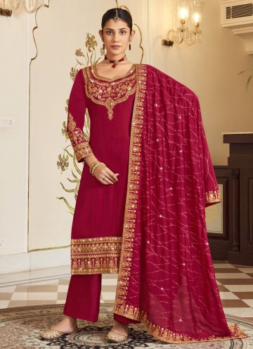 Maroon color Vichitra Silk Trendy Salwar Kameez with Embroidered