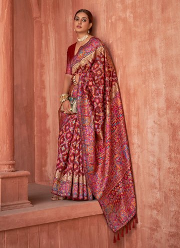 Maroon color Woven Pashnima Silk Trendy Saree