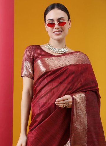 Maroon color Woven Tussar Silk Trendy Saree