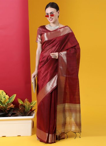 Maroon color Woven Tussar Silk Trendy Saree