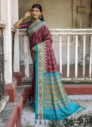 Maroon Contemporary Saree in Cotton Silk with Prin