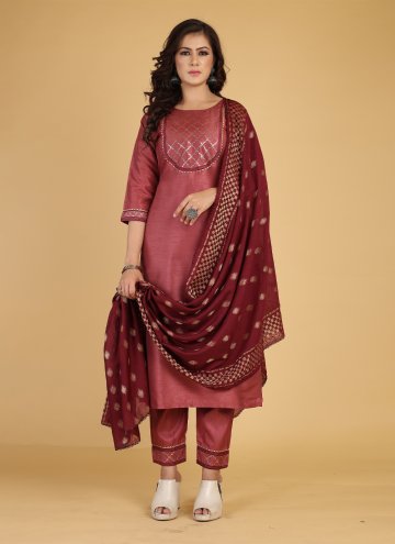 Maroon Cotton Silk Embroidered Salwar Suit for Cer