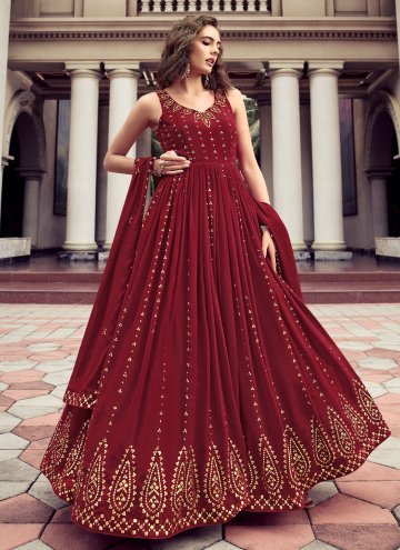 Maroon Designer Gown in Georgette with Embroidered