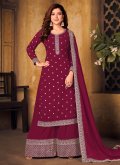 Maroon Designer Palazzo Suit in Faux Georgette with Embroidered - 1