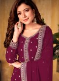 Maroon Designer Palazzo Suit in Faux Georgette with Embroidered - 2