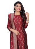 Maroon Designer Straight Salwar Suit in Jacquard with Woven - 2