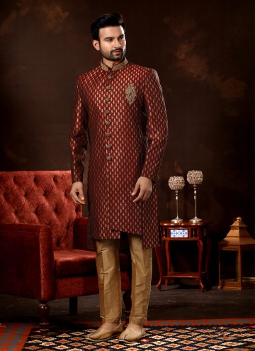 Maroon Fancy Fabric Jacquard Work Sherwani