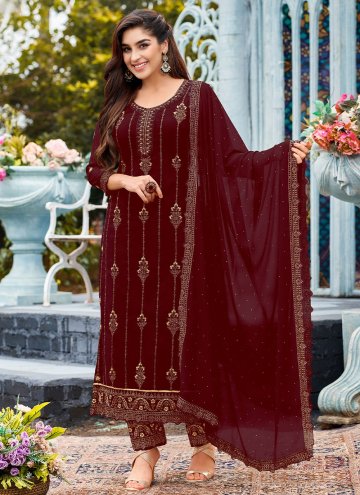Maroon Faux Georgette Embroidered Pant Style Suit for Engagement