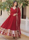 Maroon Faux Georgette Embroidered Readymade Designer Gown for Ceremonial - 1